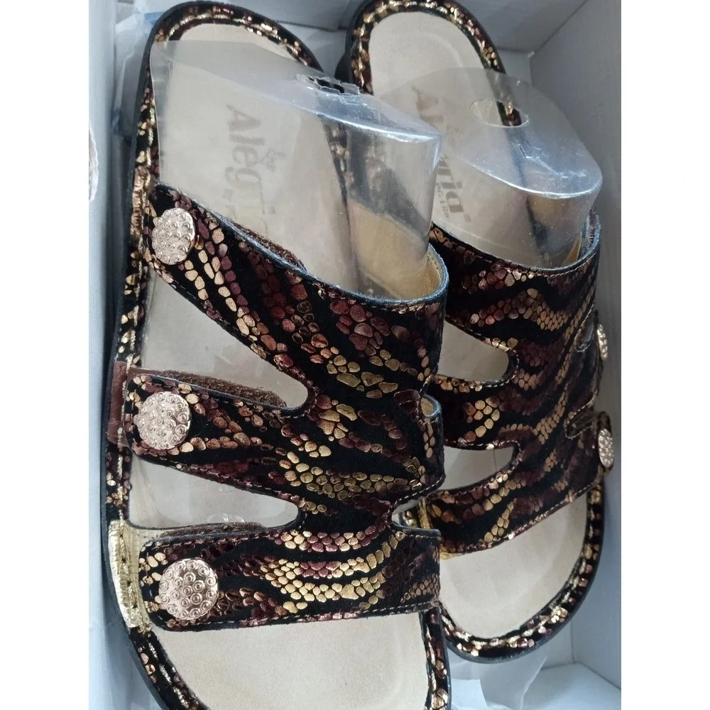 Alegria‎ Women Metallic Snakeskin Print Slide Sandals Bronze Gold Black Platform